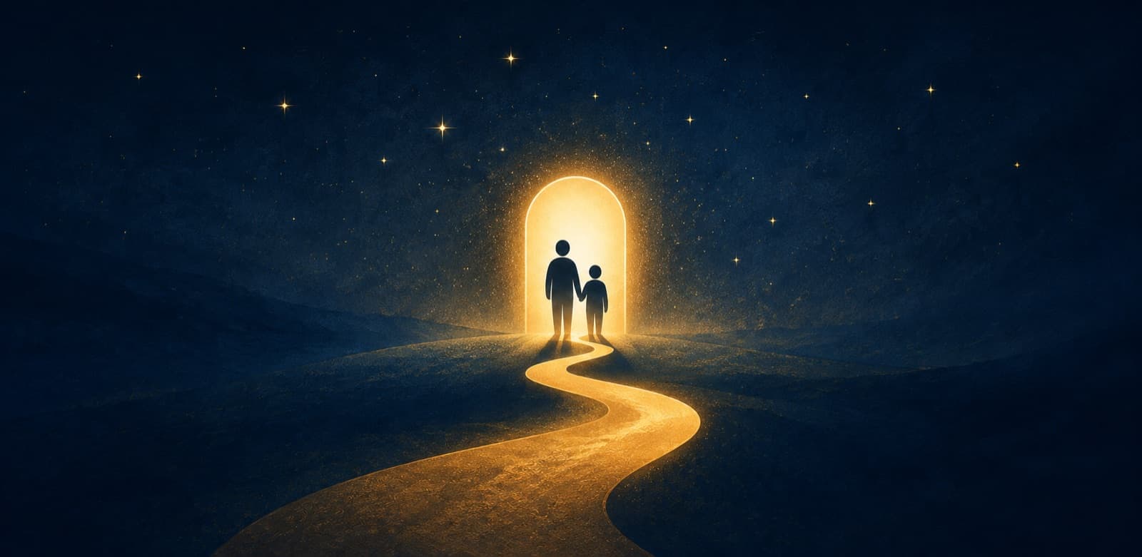 A glowing path leading an adult and child toward a warm doorway beneath a starry navy sky