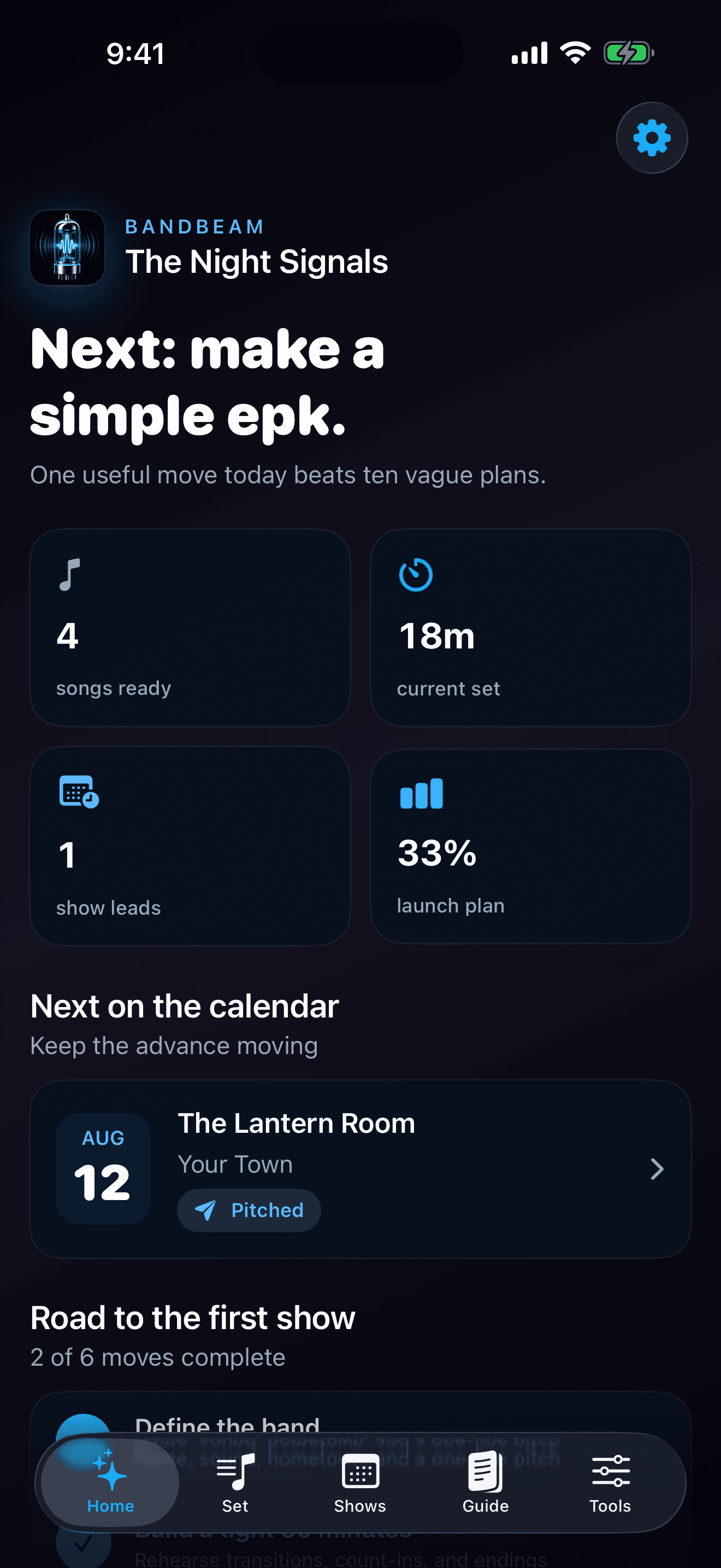 BandBeam dashboard showing band setup progress and show-planning tools