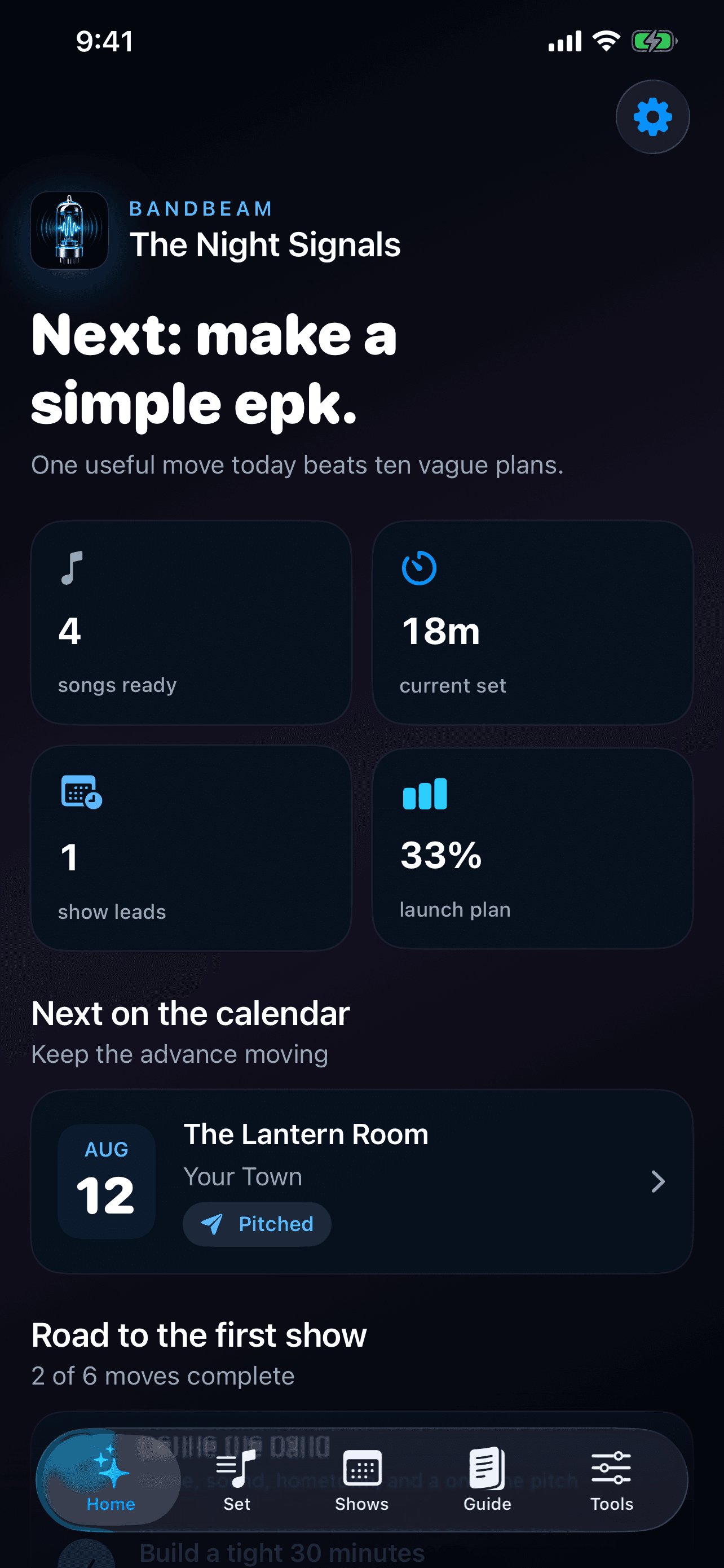 BandBeam dashboard showing band setup progress and show-planning tools