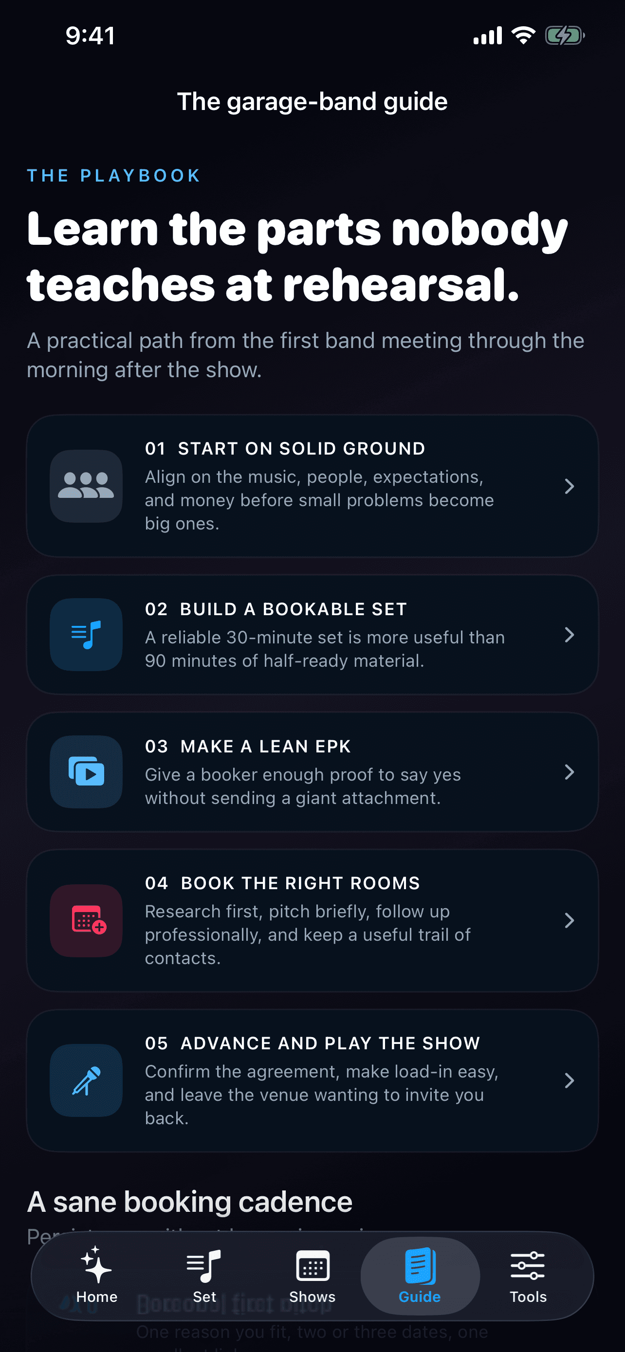 BandBeam garage-band guide showing five chapters from first meeting through show day