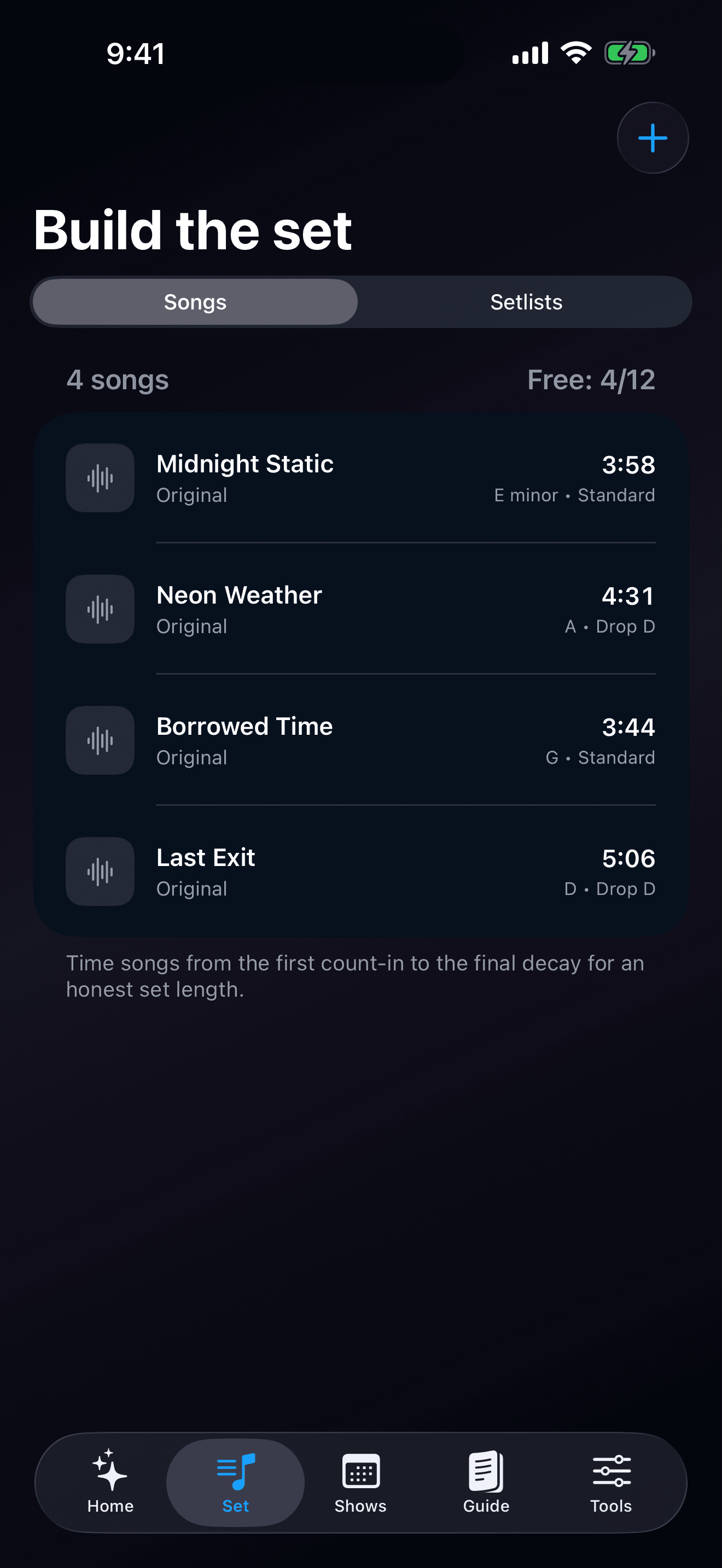 BandBeam setlist builder with songs and transition-aware show timing