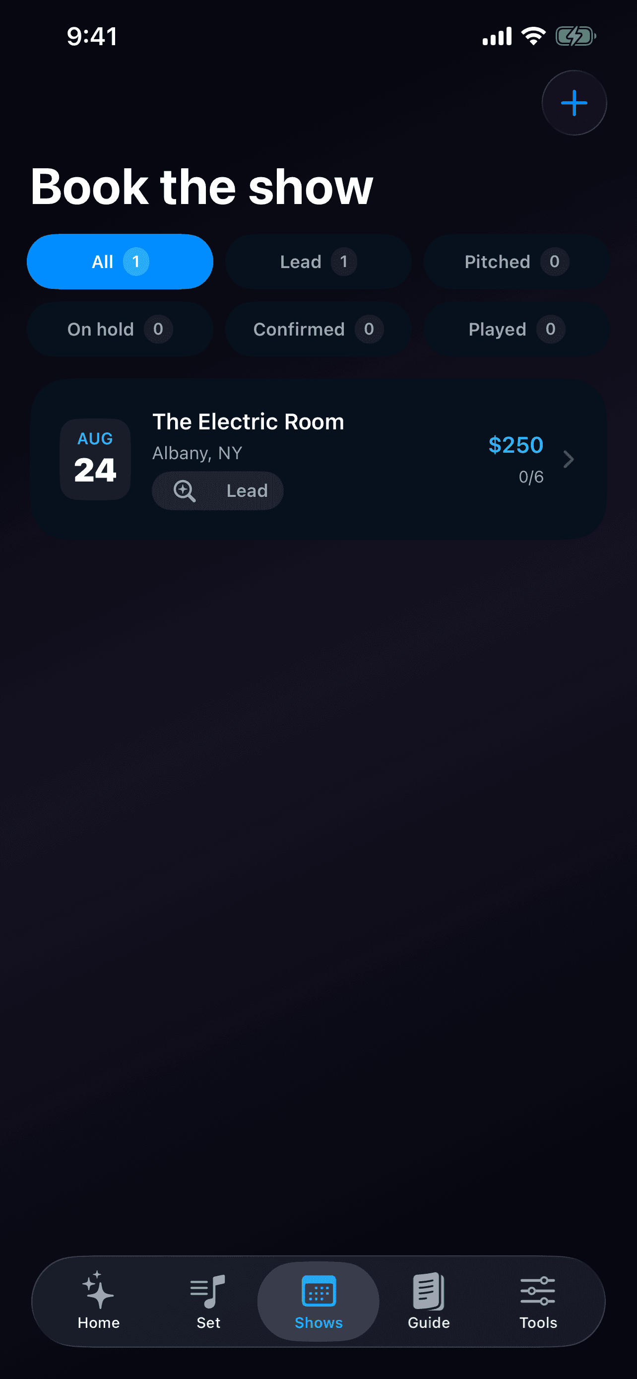 BandBeam Shows grid displaying every booking stage and one venue lead