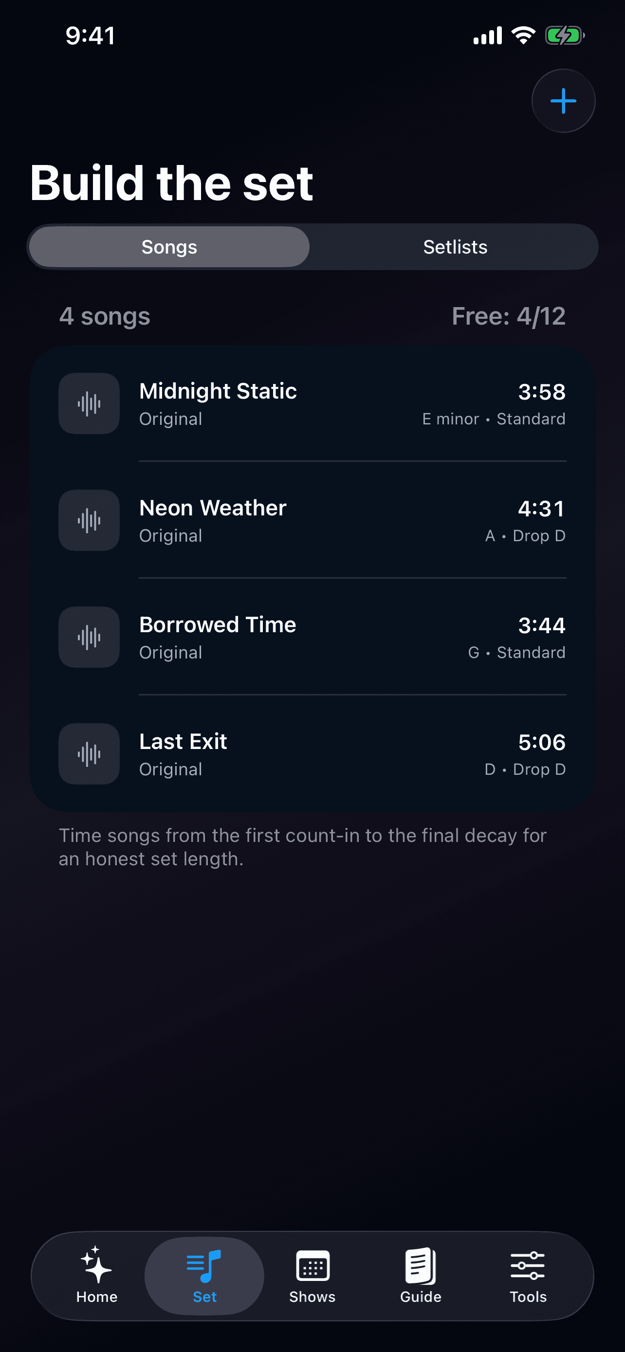 BandBeam reusable song library showing duration, key, tuning, and original status