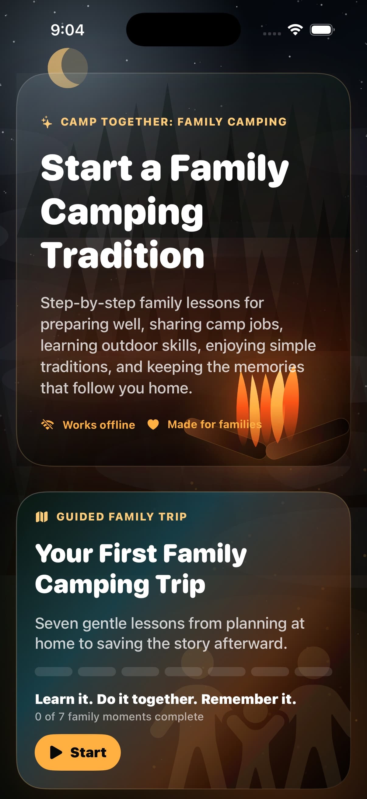 Camp Together: Family Camping home screen with the First Family Camping Trip course and offline family field-guide sections