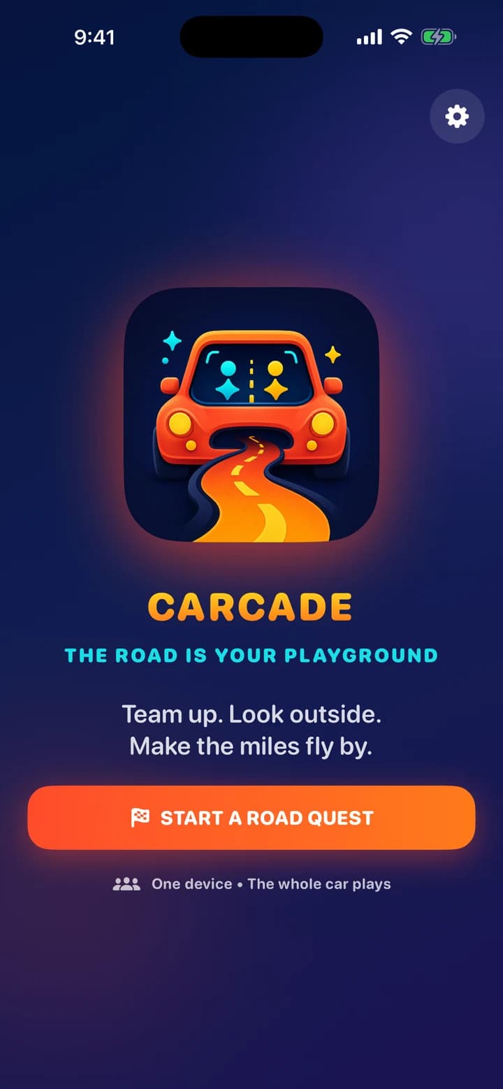 Carcade home screen inviting passengers to start a road quest
