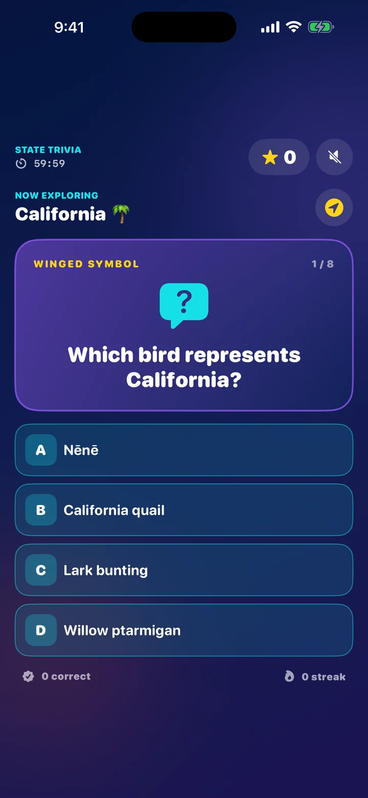 Carcade state trivia question with multiple-choice answers