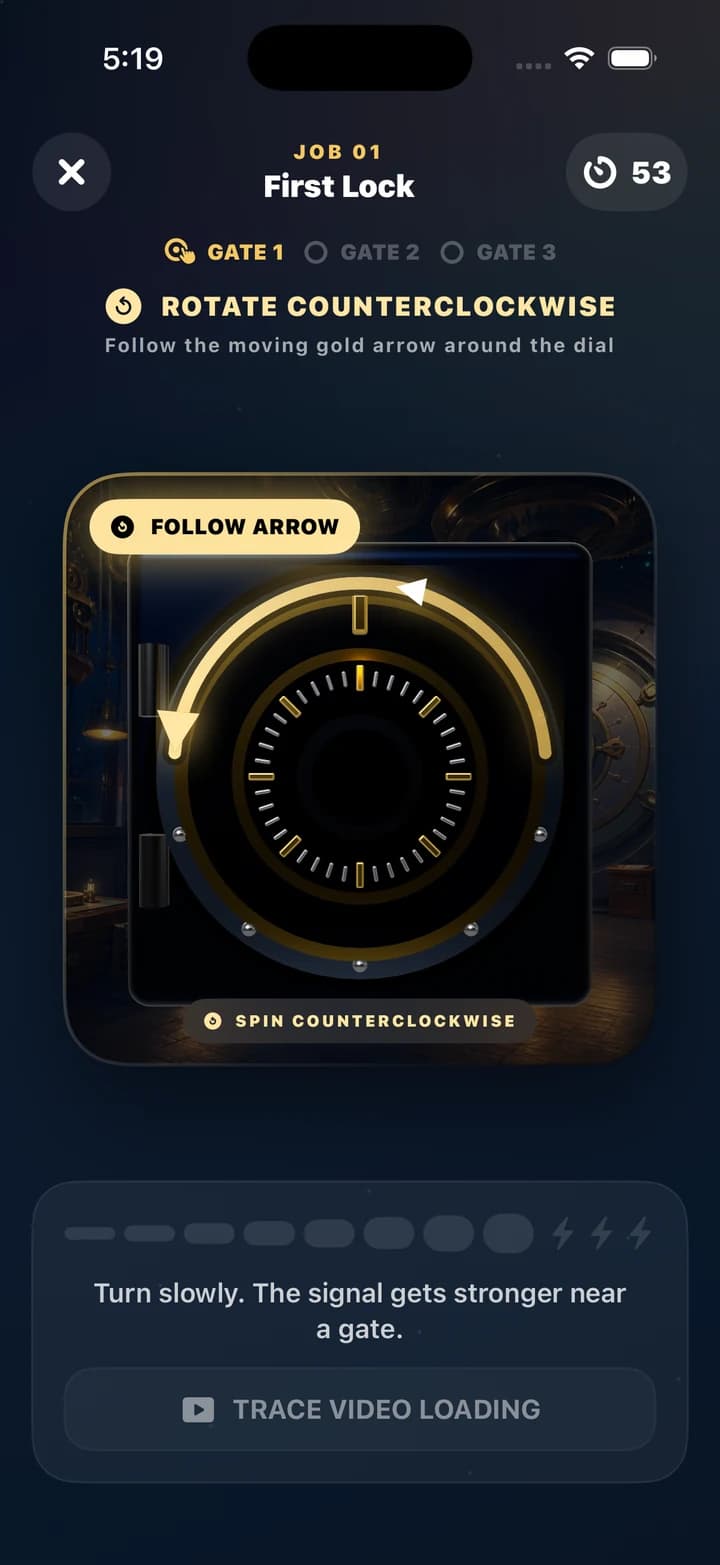 Crack the Vault interactive 3D dial with a moving counterclockwise arrow