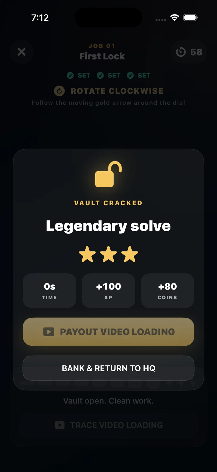 Crack the Vault three-star Legendary Solve reward screen