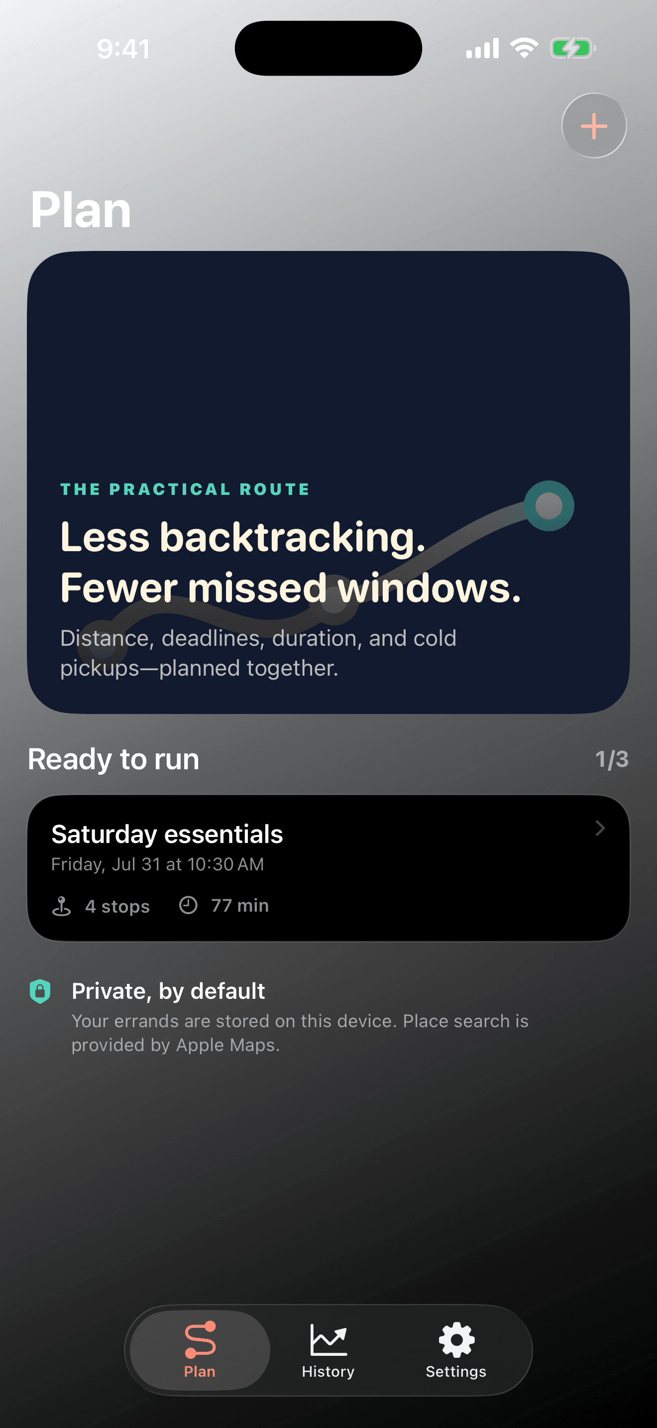 Errand Arc dashboard showing a Saturday run with planned stops, distance, and time