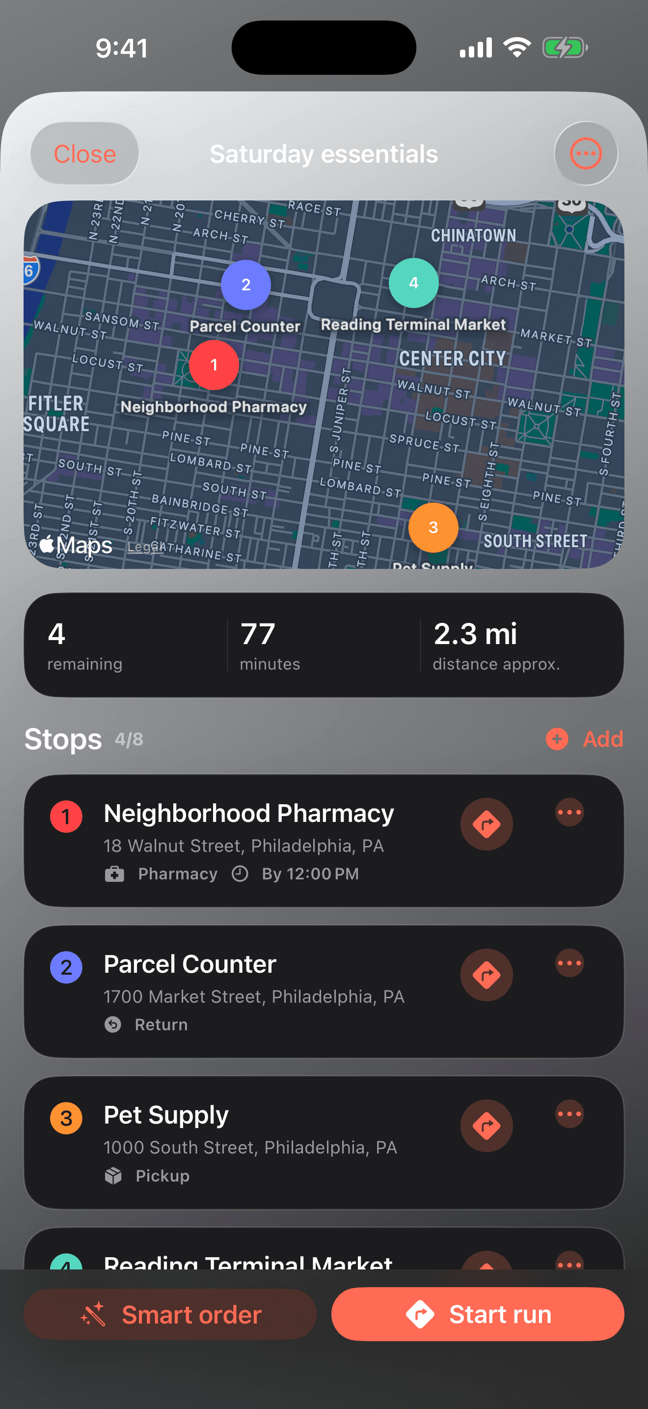 Errand Arc Smart Order route showing priorities, time windows, and practical stop sequence