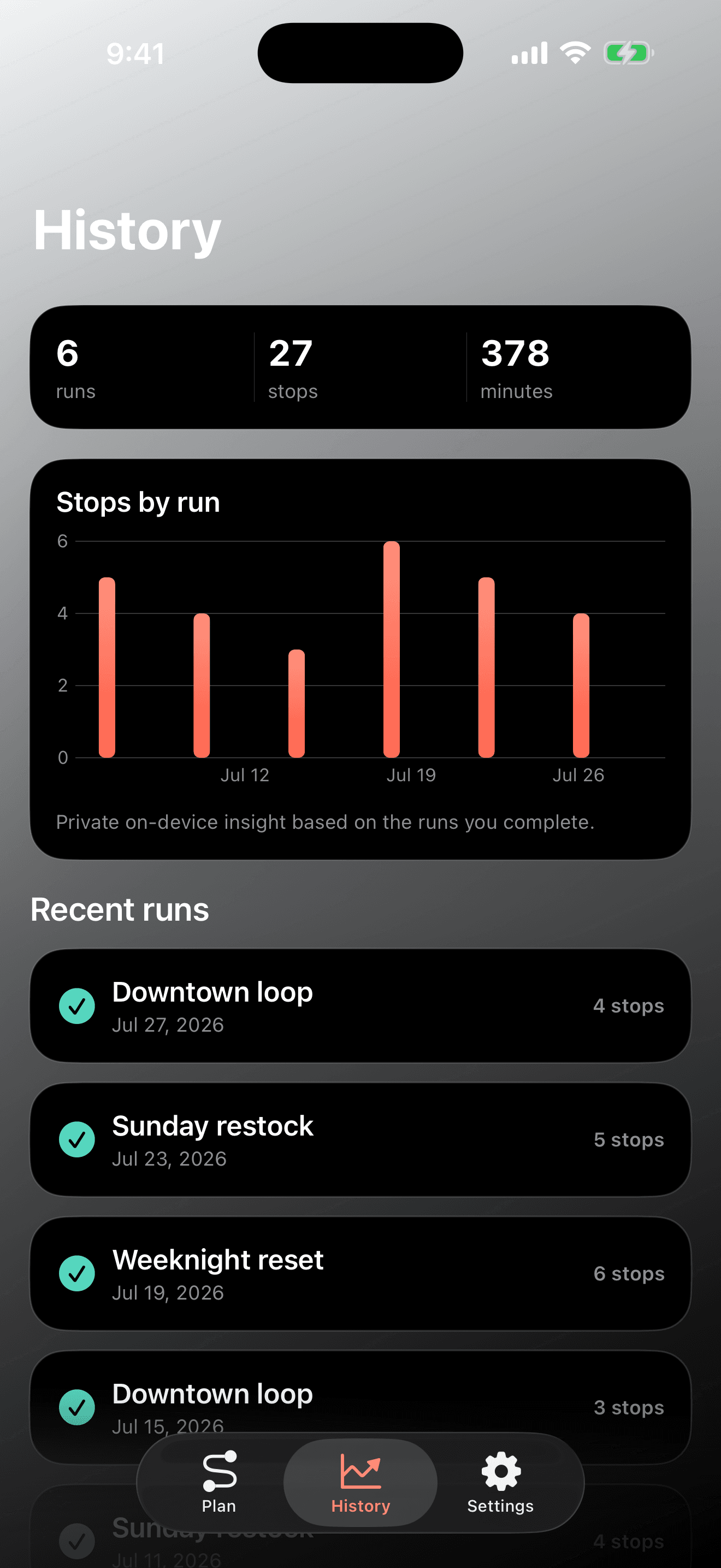 Errand Arc private run history and on-device planning insights