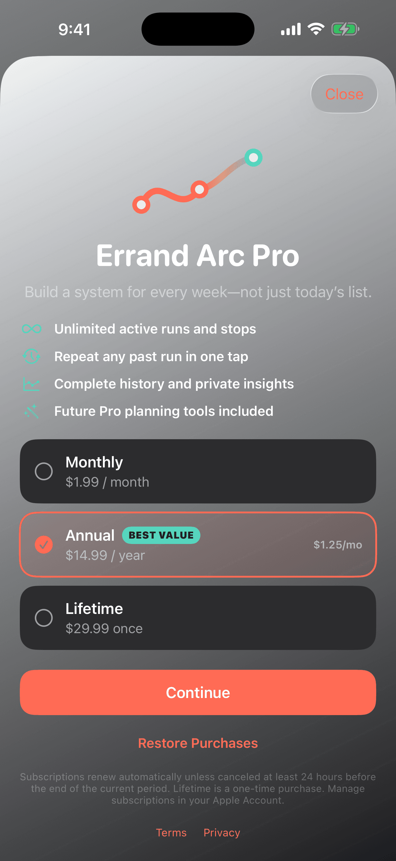Errand Arc Pro screen with monthly, annual, and lifetime purchase choices