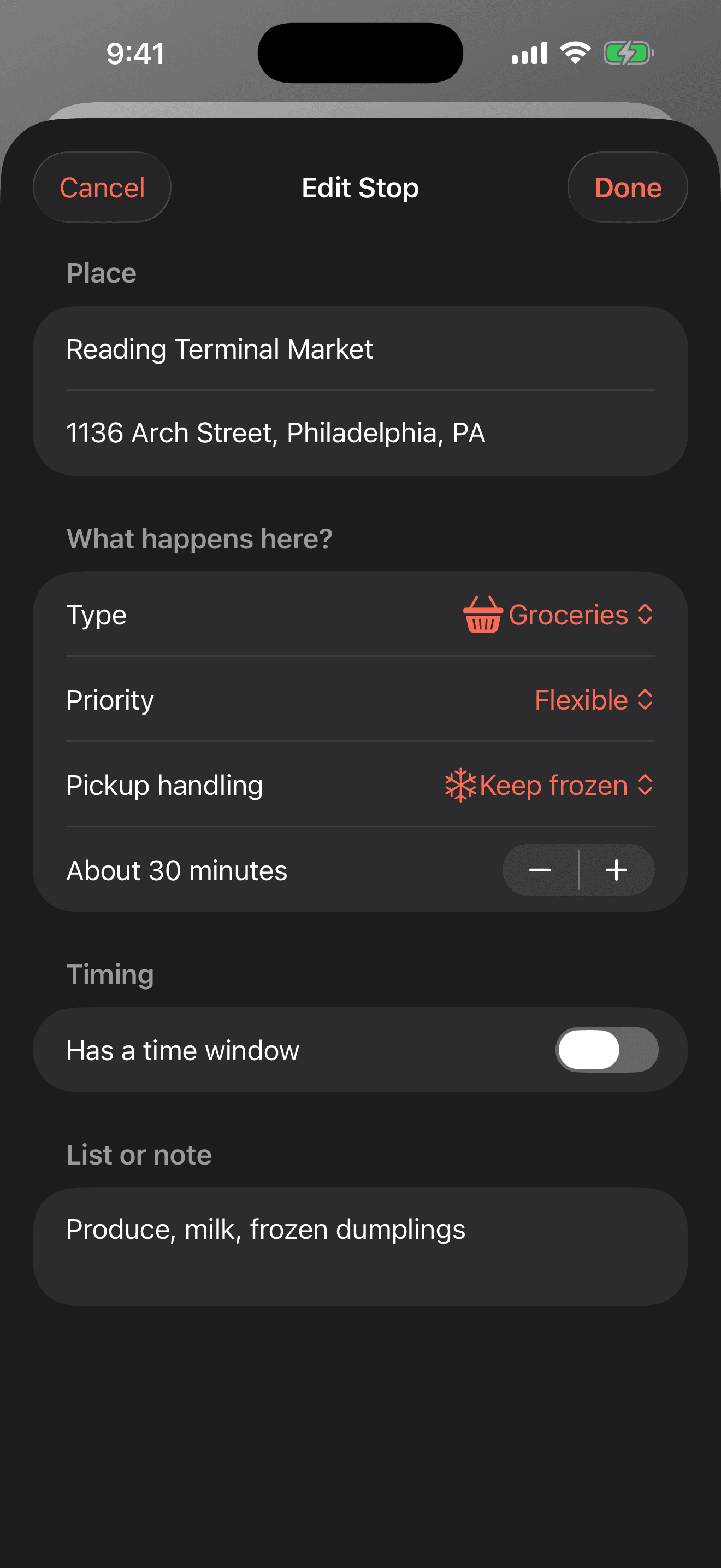 Errand Arc stop editor with timing, priority, duration, and cold-item handling controls