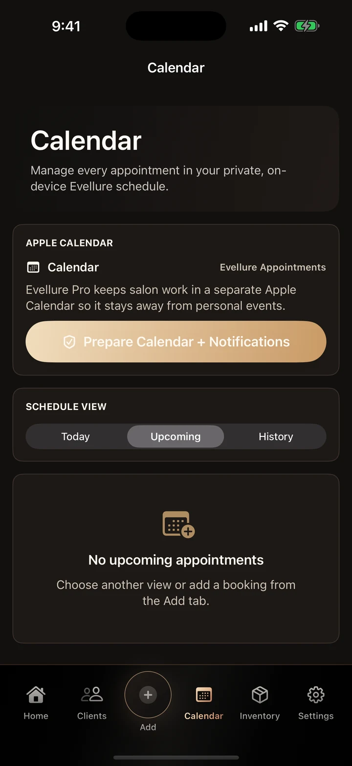 Evellure appointment calendar and scheduling screen