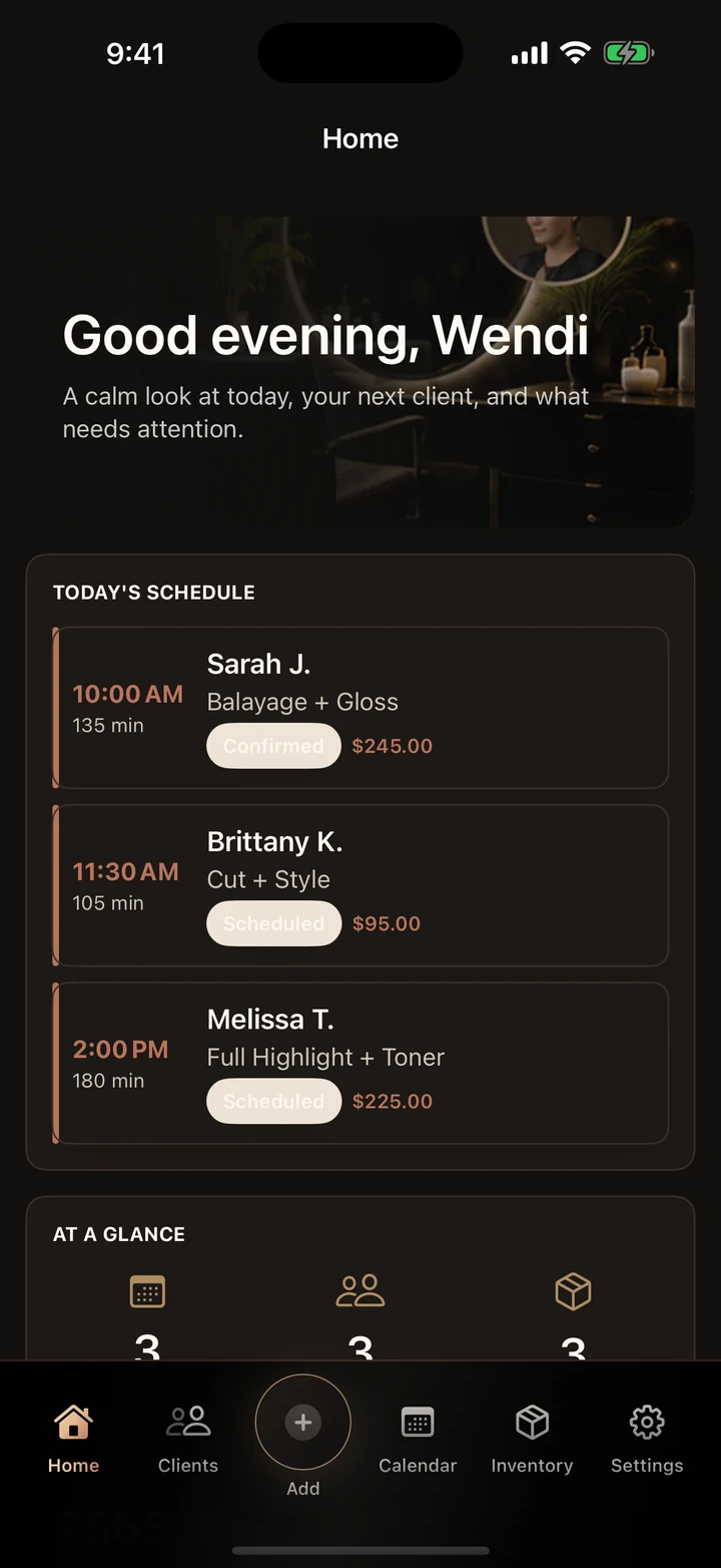 Evellure salon business dashboard with appointments and quick actions