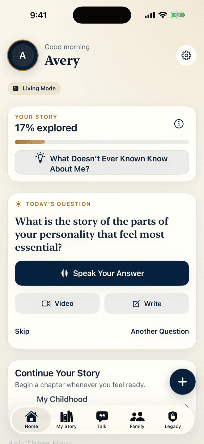 Ever Known home screen for Avery showing archive progress and a prompt to record a life story in their own words