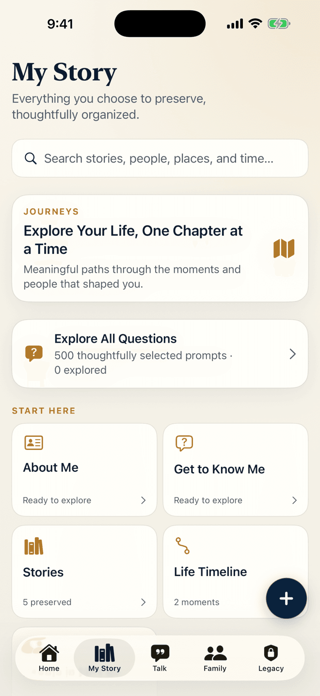 Ever Known My Story screen with searchable journeys, five preserved stories, and a life timeline