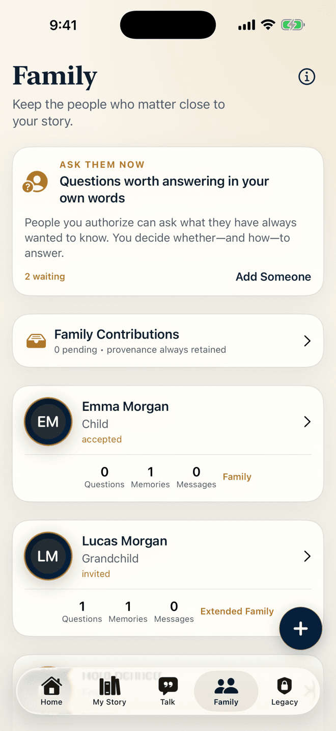 Ever Known Family screen showing named people, questions, contributions, invitation status, and access levels