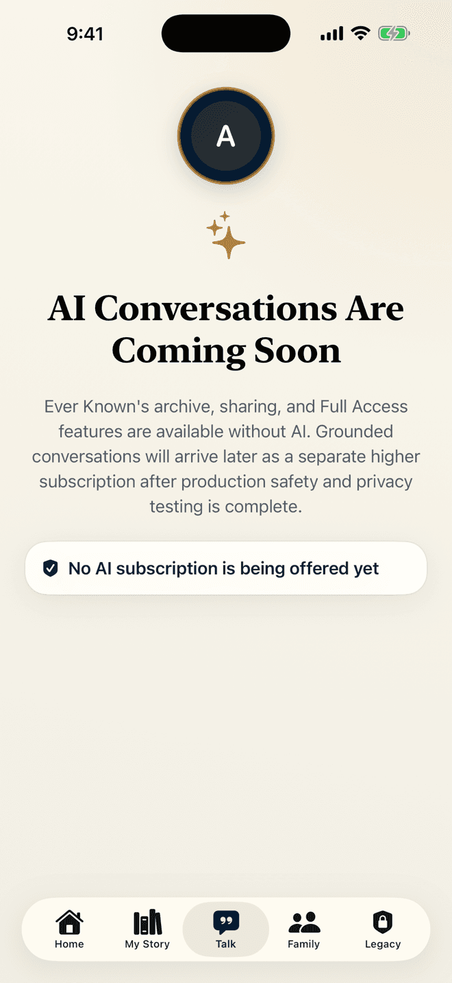 Ever Known Talk screen clearly stating that AI conversations are Coming Soon and are not being sold yet