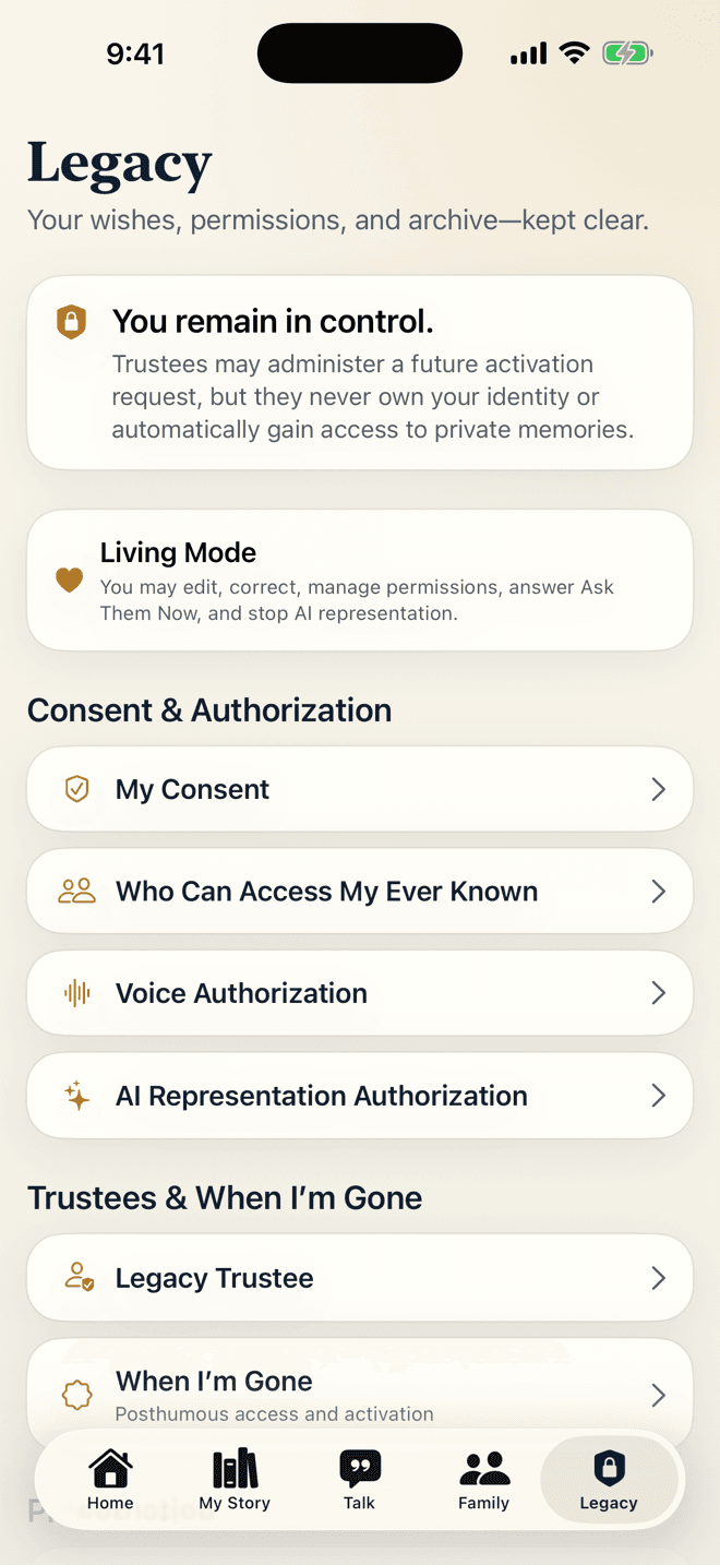Ever Known Legacy screen with consent, authorization, access, voice, trustee, and posthumous activation controls