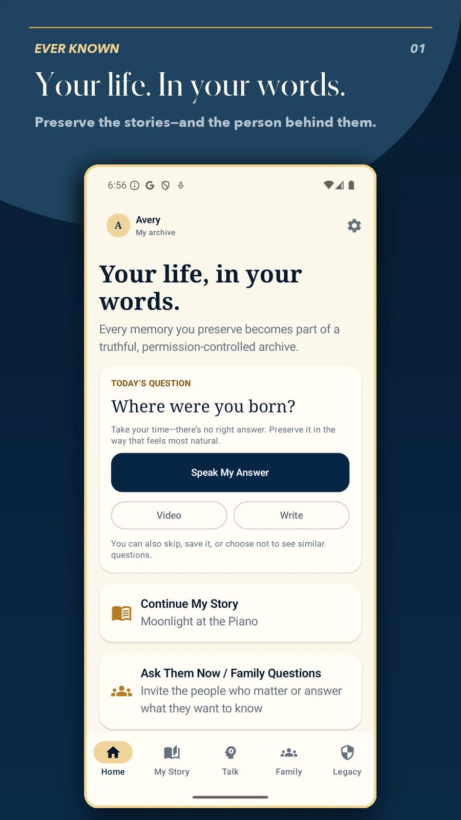 Ever Known Home for the fictional Avery archive, showing a guided question and a clear path back into the story