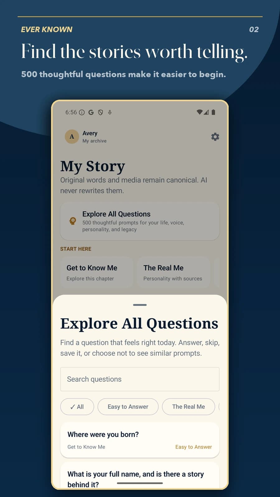 Ever Known guided question browser for the fictional Avery archive