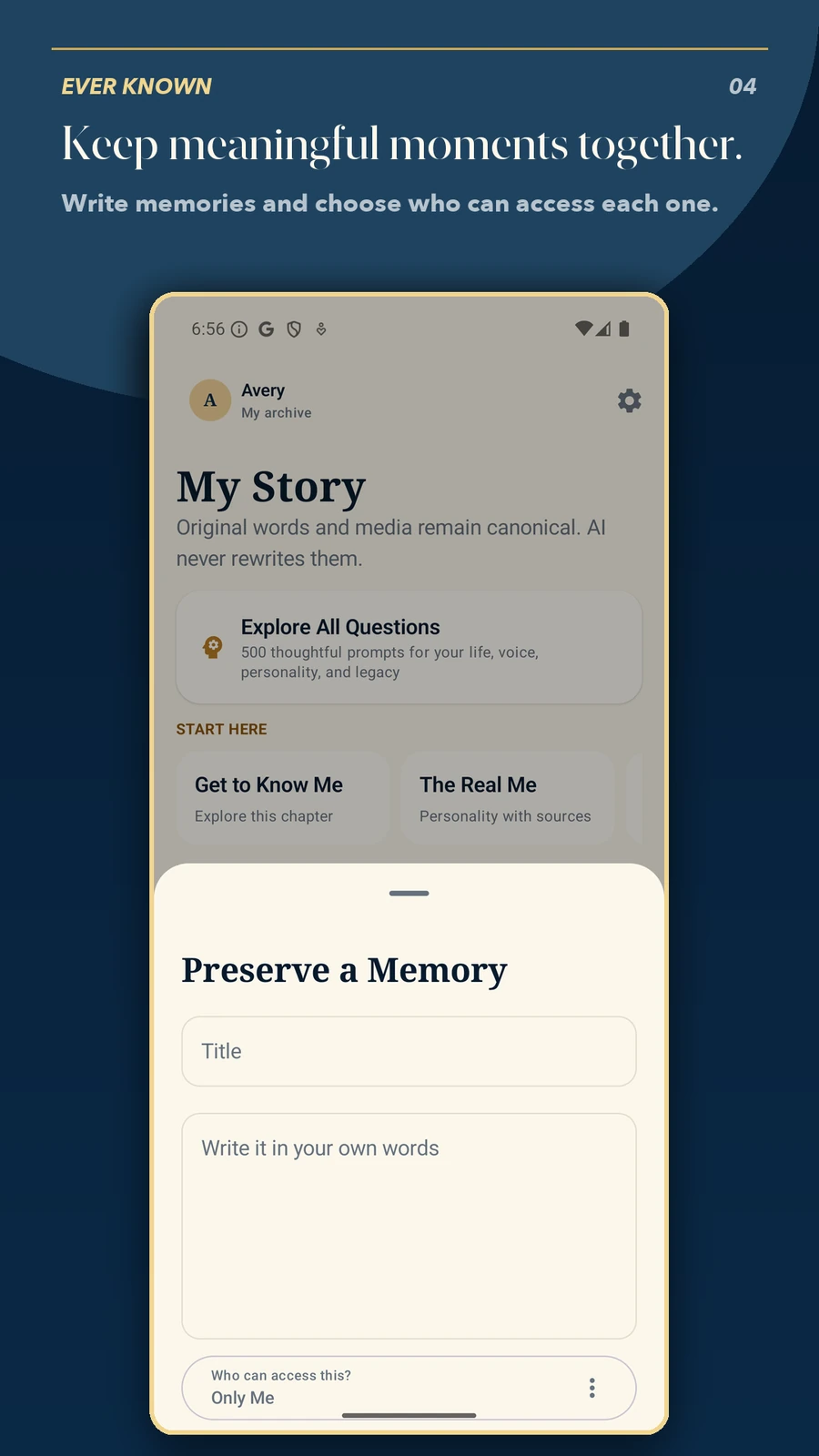 Ever Known memory editor showing the Only Me visibility choice