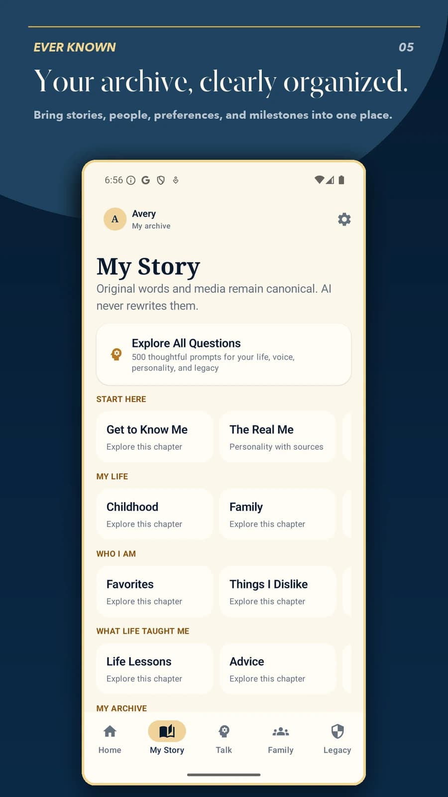 Ever Known My Story screen organizing guided chapters and archive sections