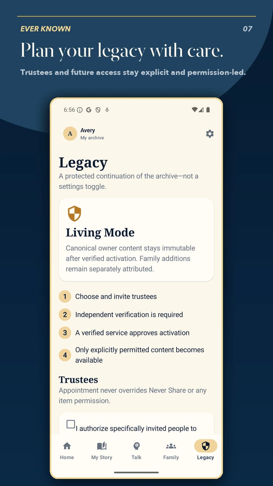 Ever Known Legacy screen explaining trustees and permission-led future access