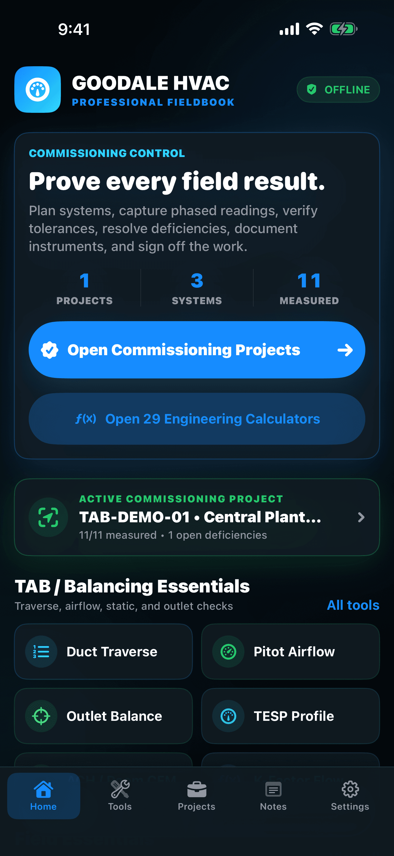 Goodale HVAC Fieldbook command center with project readiness, field notes, and engineering tools