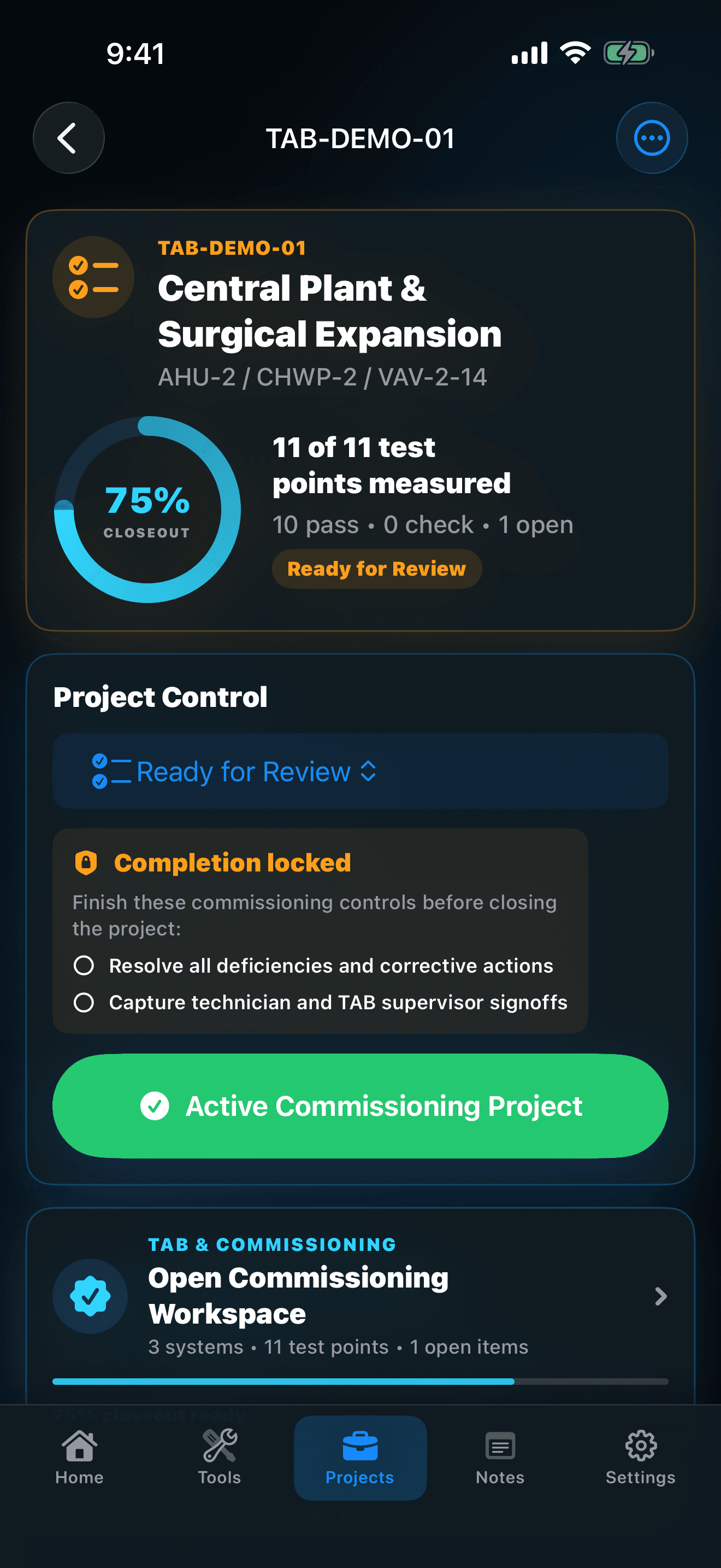 Goodale HVAC Fieldbook project dashboard showing KPI readiness and signed closeout progress