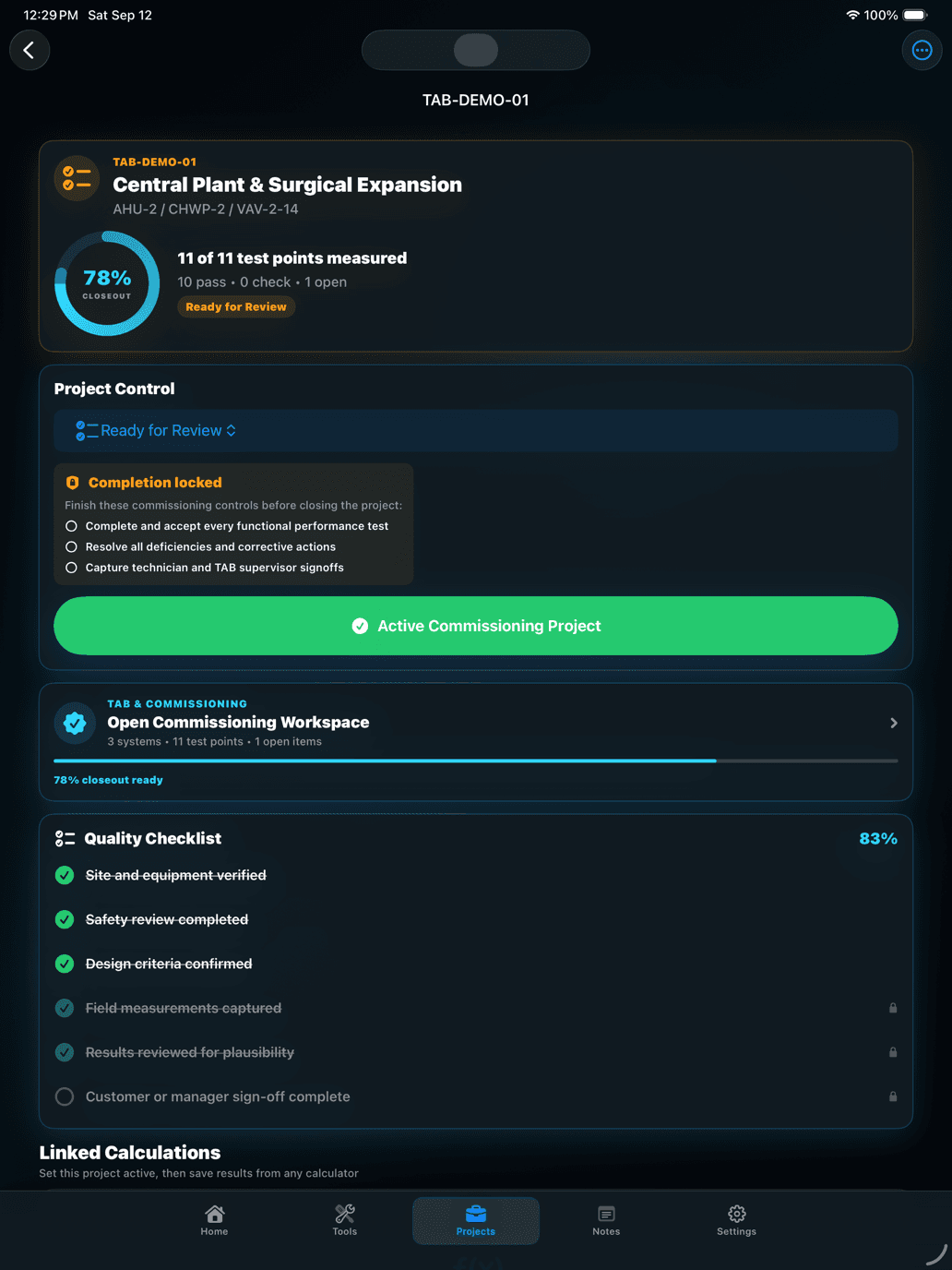 Goodale’s HVAC Fieldbook commissioning project showing readiness, measurement, and functional-test acceptance metrics