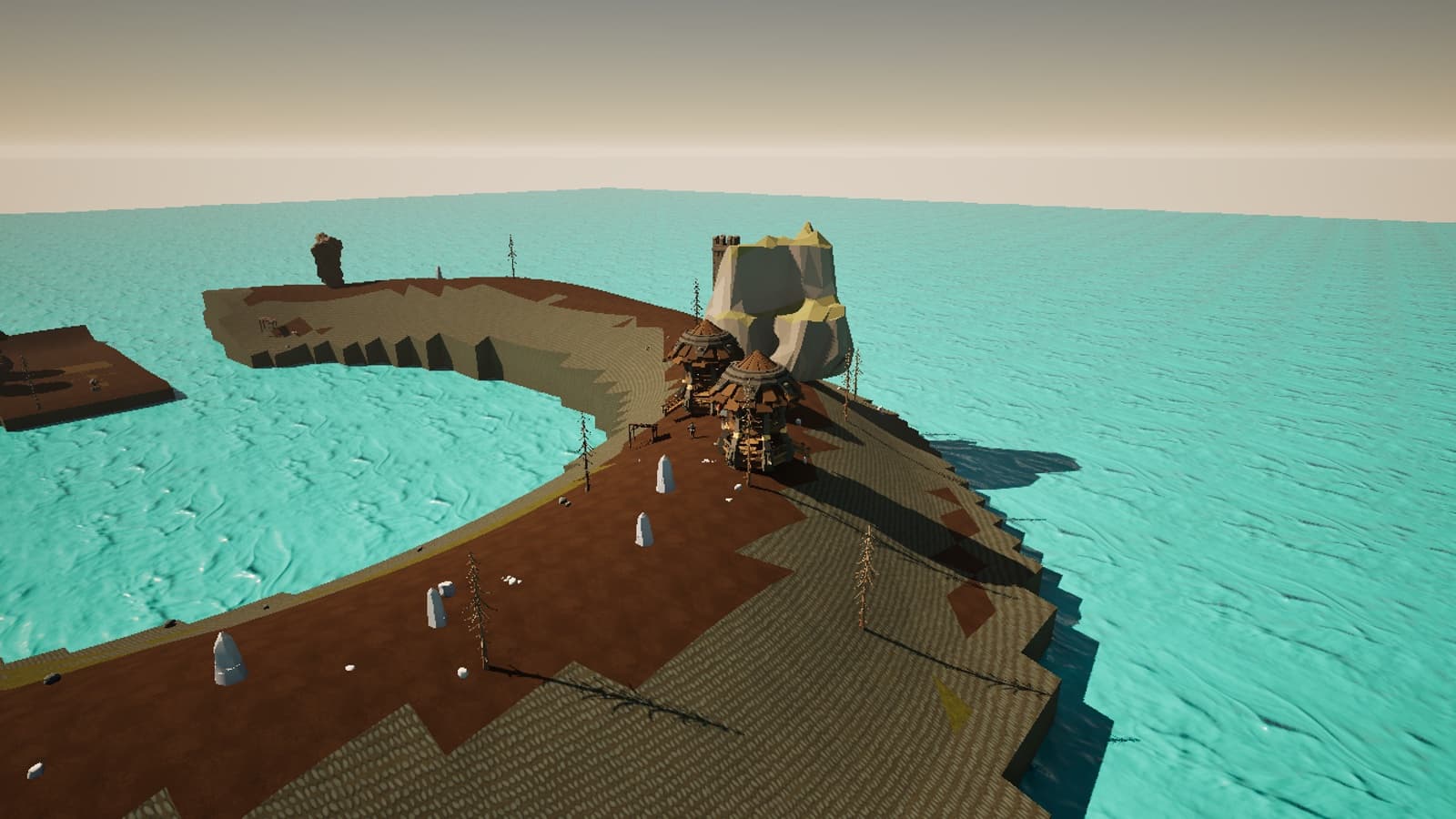 In-game view of Ashfield village and its rocky island landscape
