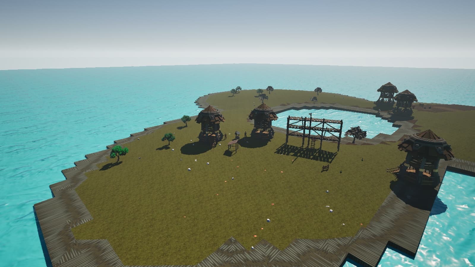 In-game view of Lagoon End with island homes, residents, and a sheltered cove