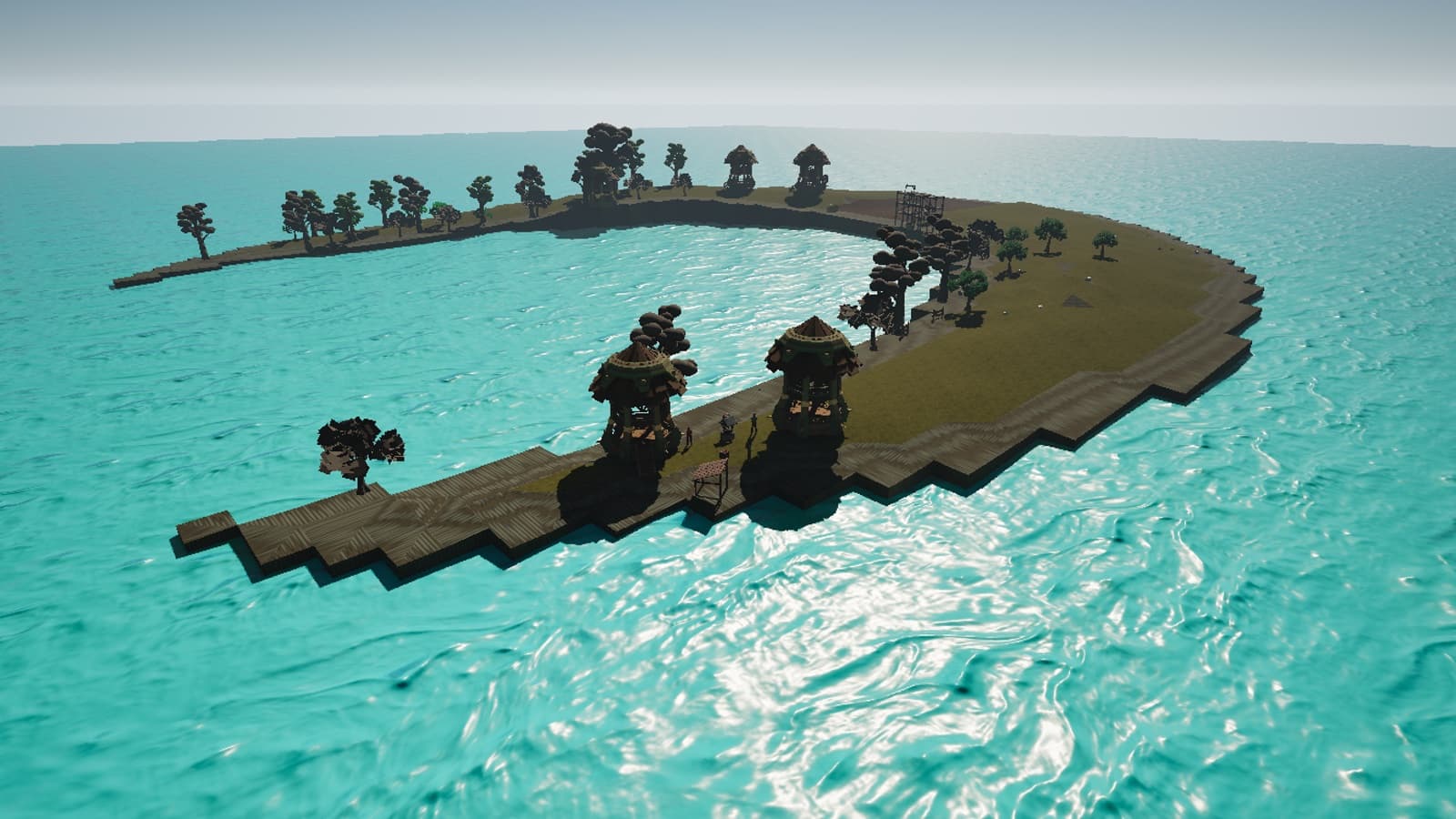 Wide in-game view of Pinewatch Hamlet on a bright island shoreline
