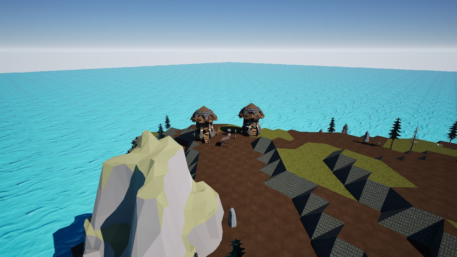 In-game view of Stonecross village on a rugged island ridge