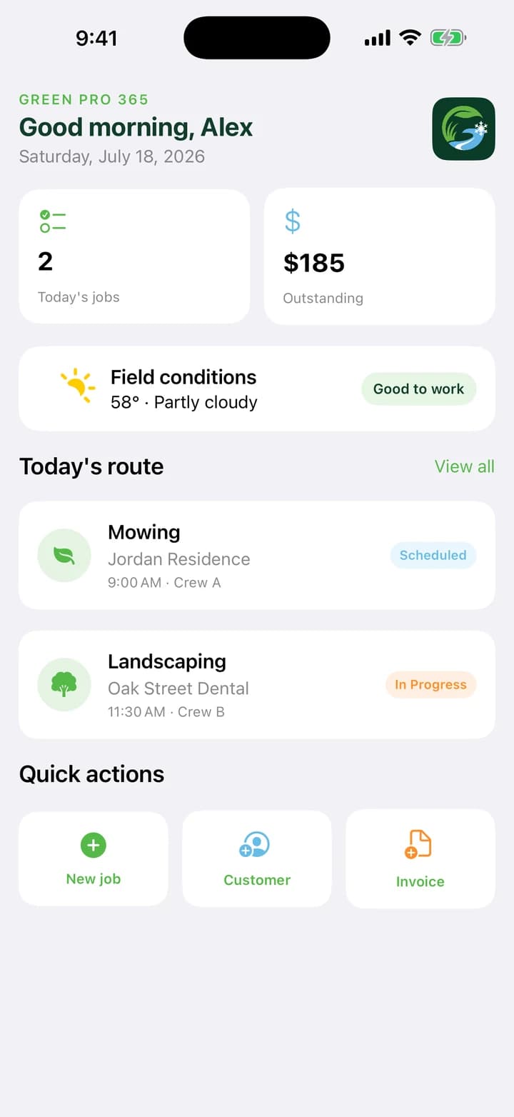 Green Pro 365 business dashboard with route and revenue summaries