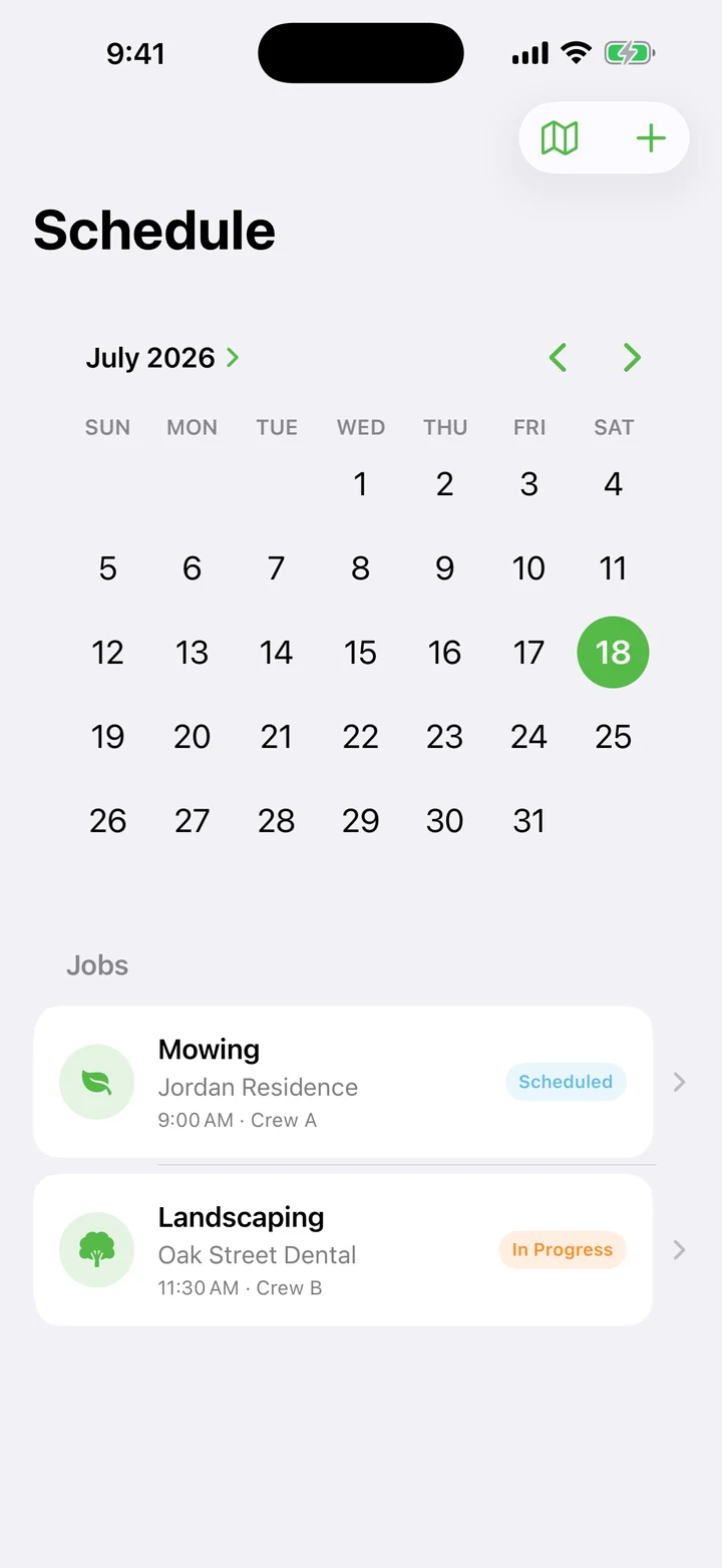 Green Pro 365 schedule with landscaping jobs