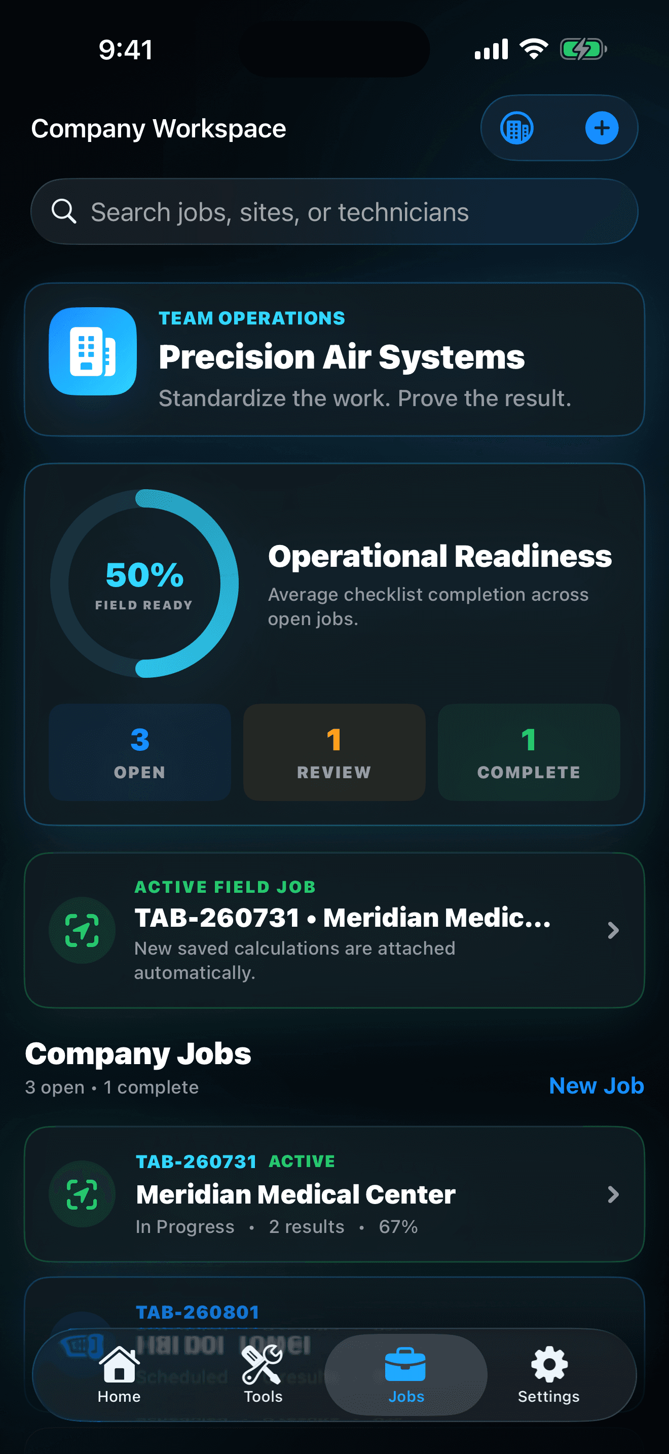 HVAC Toolbox Pro company workspace with jobs, status, and field-readiness information