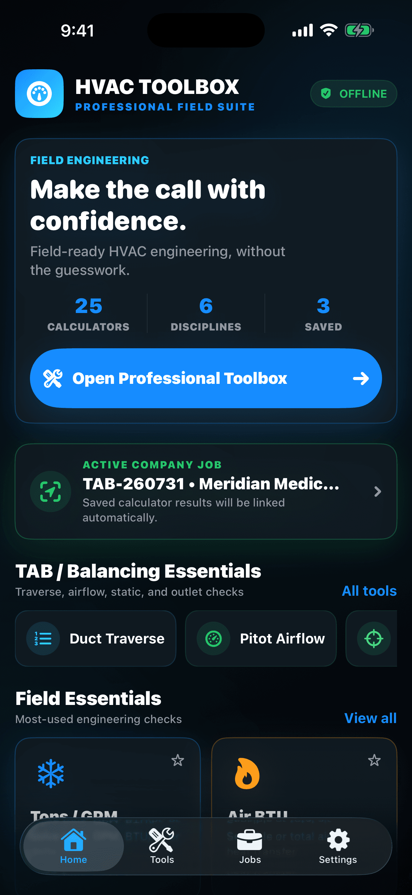 HVAC Toolbox Pro home dashboard with 25 field calculators and an active company job