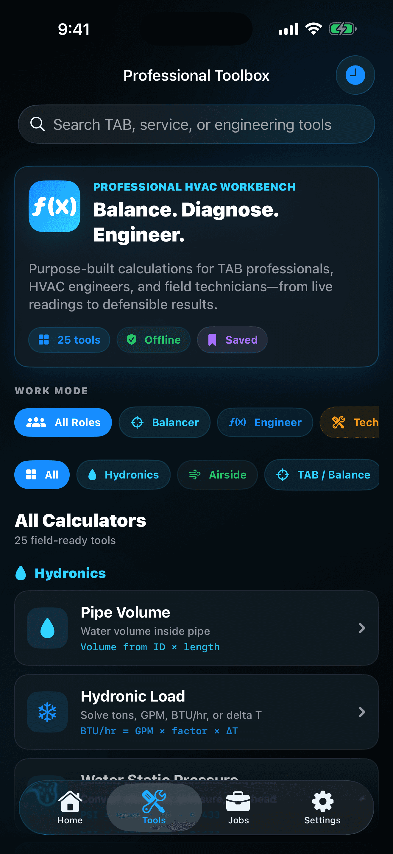 HVAC Toolbox Pro searchable catalog of TAB, hydronic, airside, electrical, and service tools