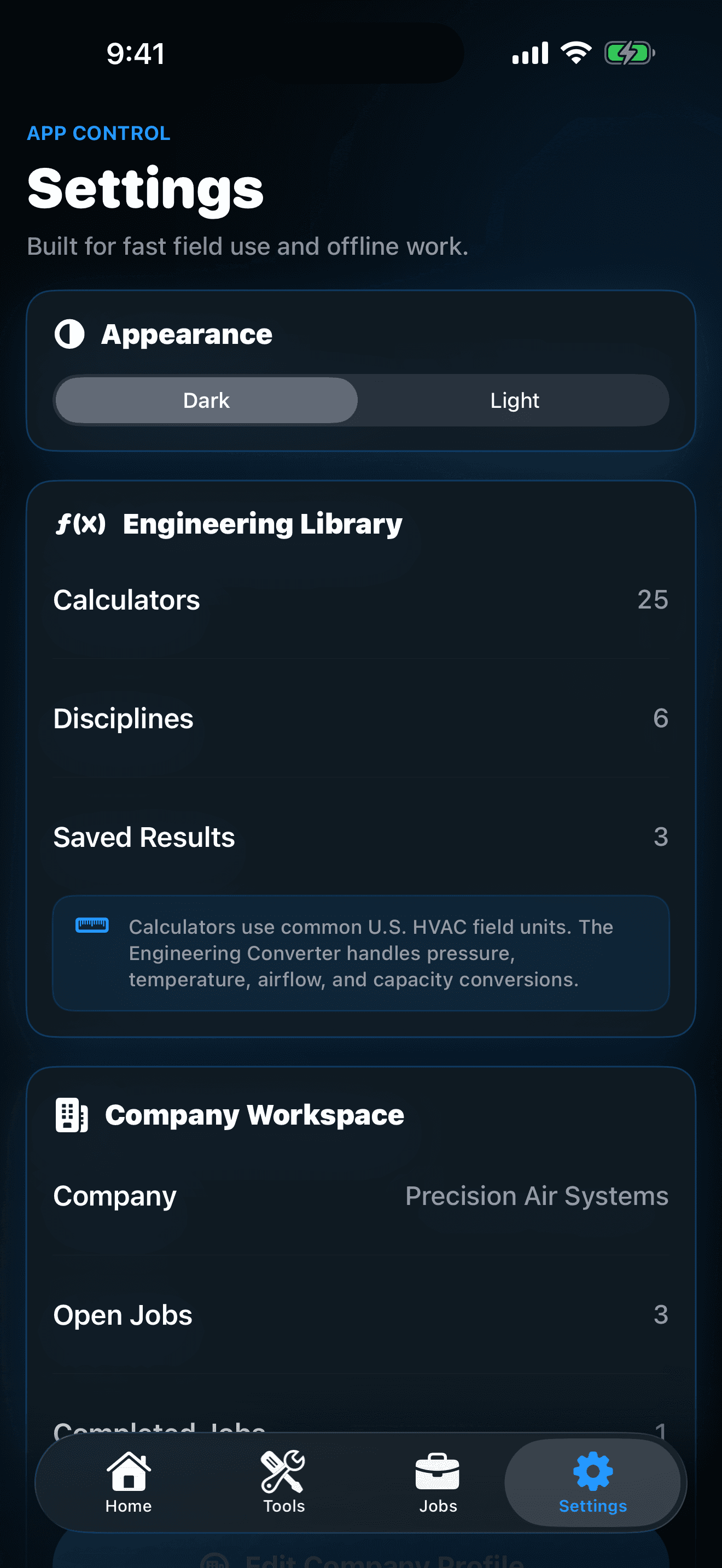 HVAC Toolbox Pro settings for role, appearance, report identity, support, privacy, and terms