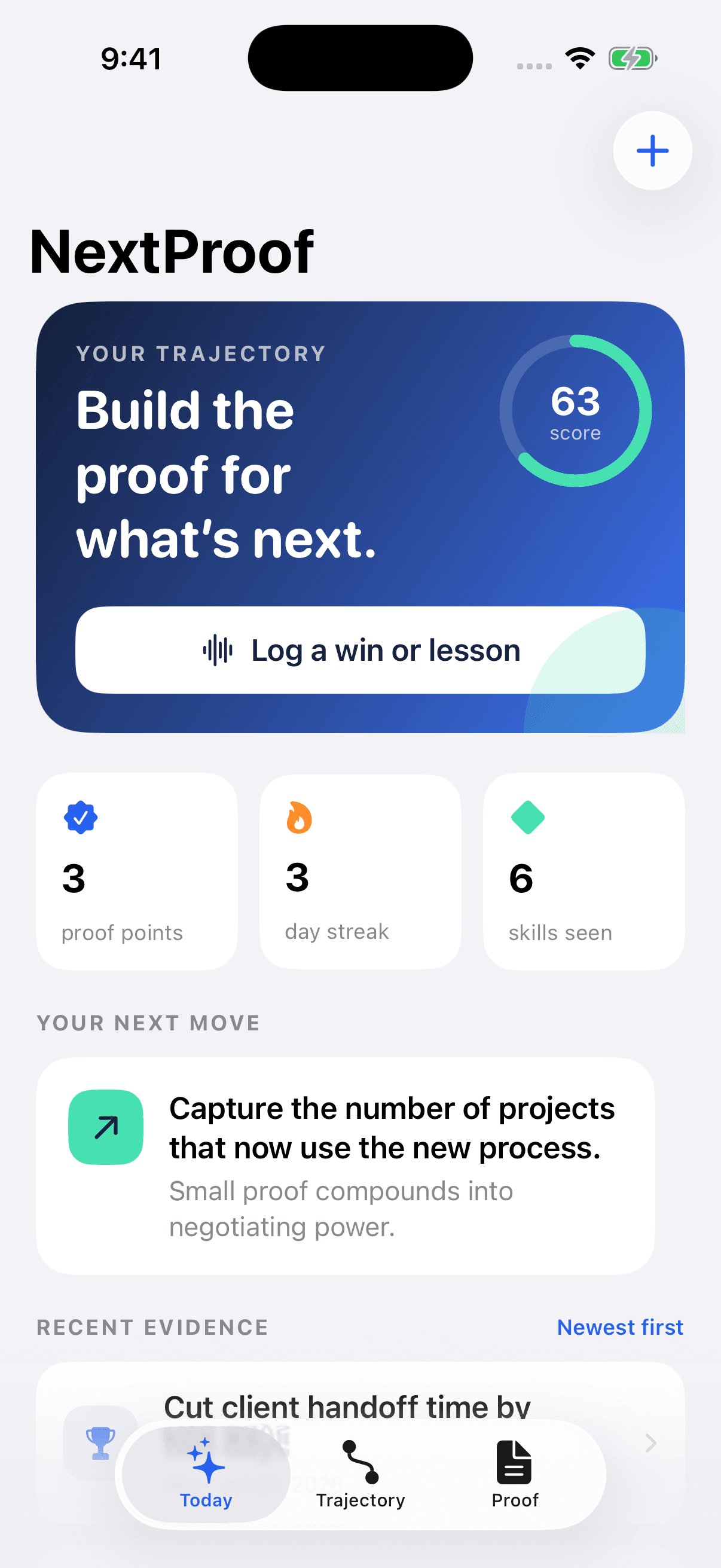 NextProof Today dashboard with career evidence and trajectory score
