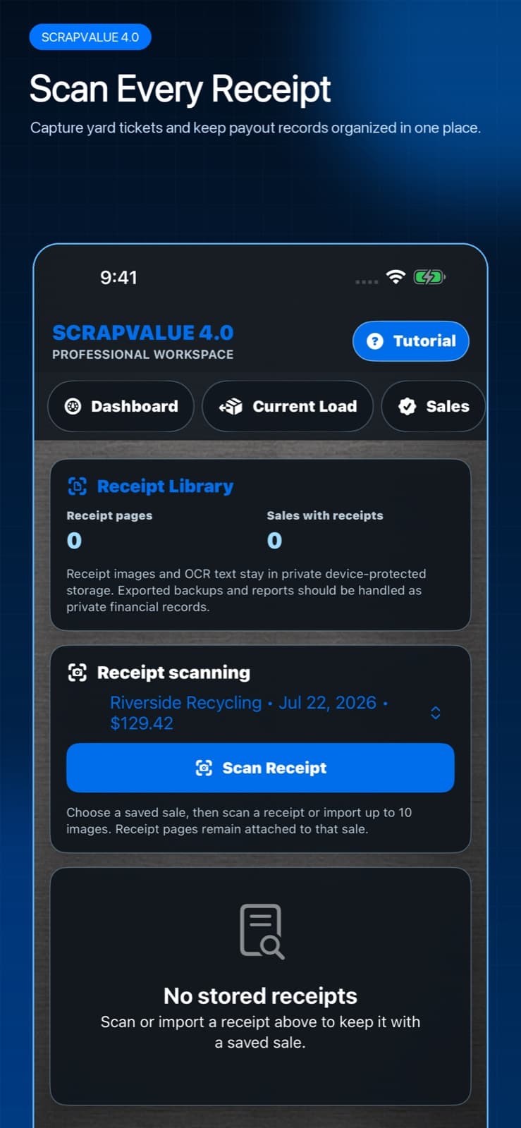 ScrapValue receipt library with the Scan Receipt action