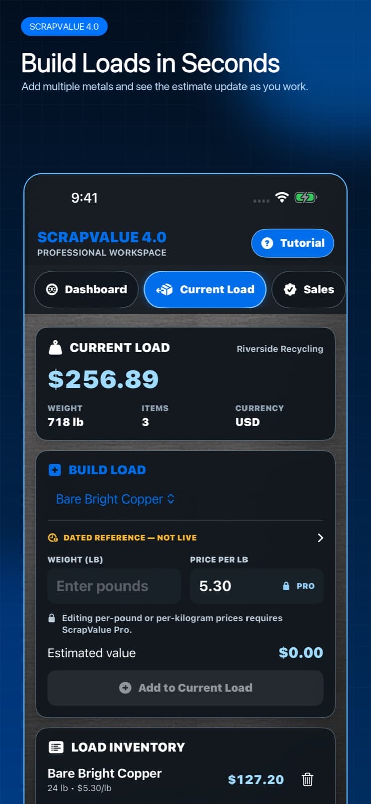 ScrapValue current load with copper, aluminum, and steel materials