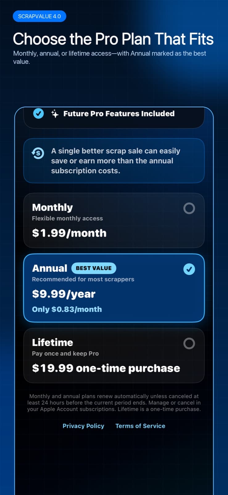 ScrapValue Pro purchase screen describing editable yard rates and professional tools
