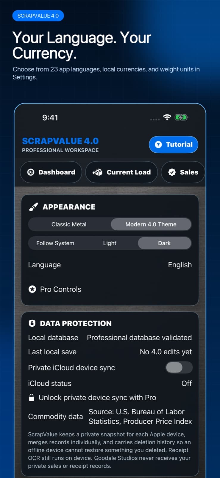 ScrapValue settings for language, currency, units, appearance, and data protection
