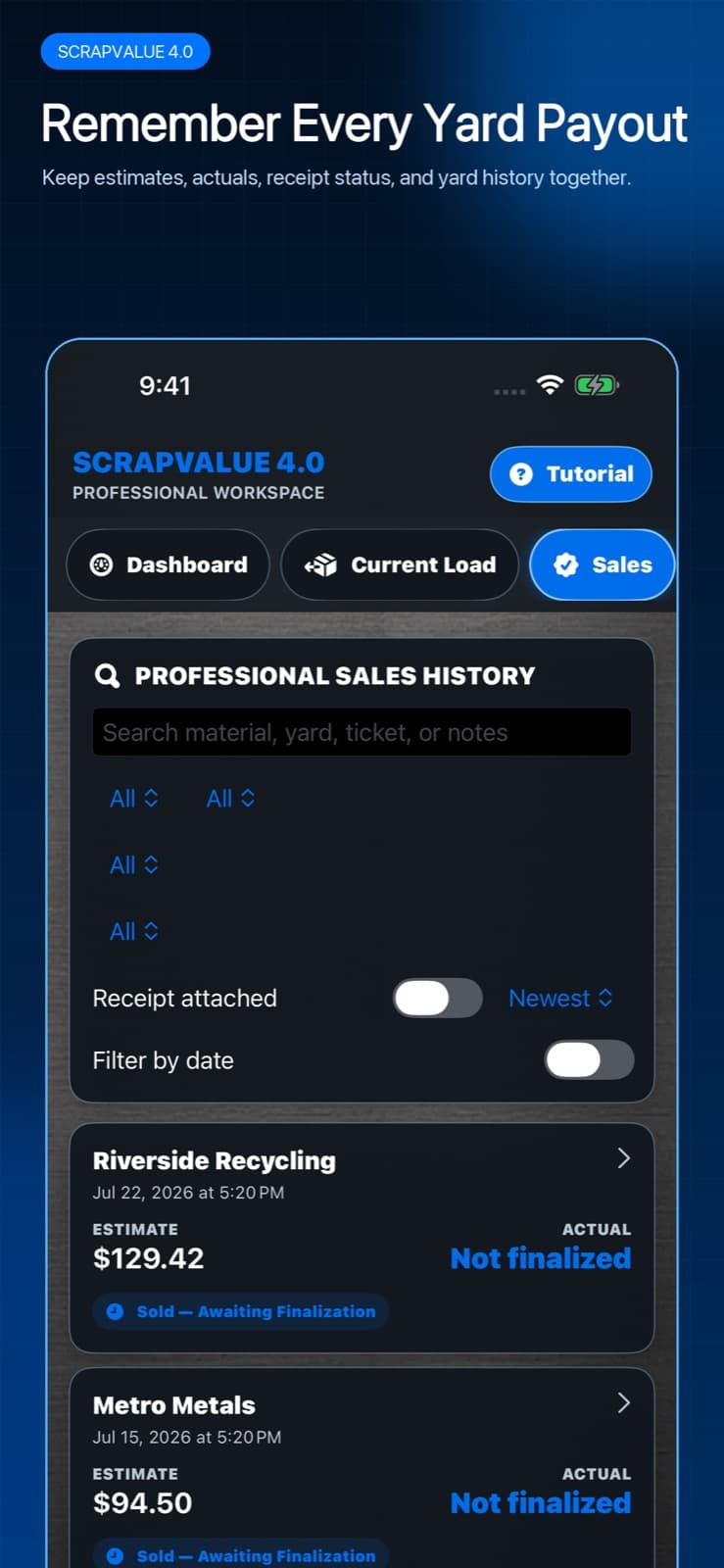 ScrapValue professional sales history with searchable yard payout records