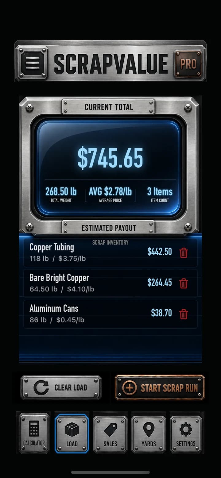 ScrapValue load screen with several metal grades and values