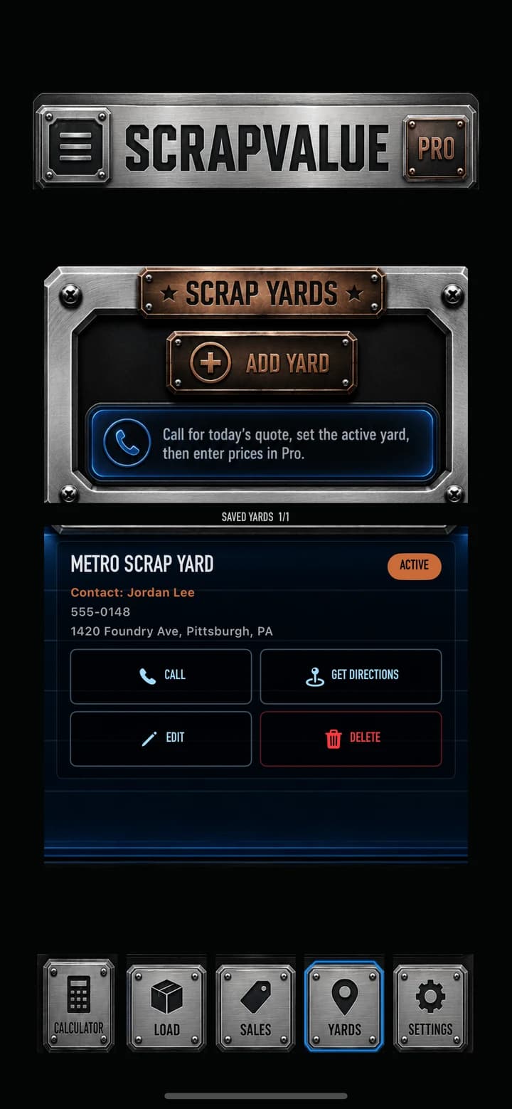 ScrapValue saved yard screen with a user-entered quoted price